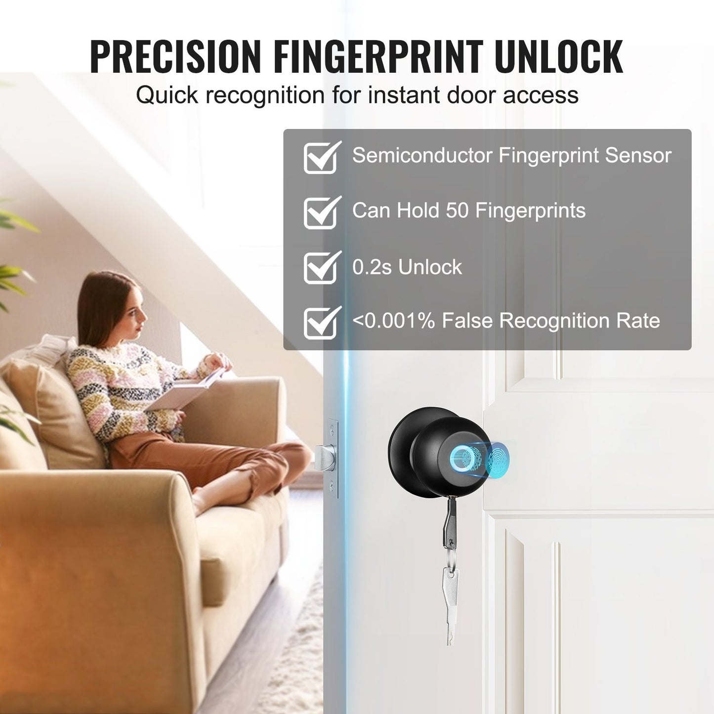 VEVOR Smart Door Knob, Biometric Door Lock Bluetooth Smart Lock, Fingerprint Smart Lock With APP Control,  Lock, For Home Bedrooms, Cloakroom, Hotels, Apartments Offices, Black