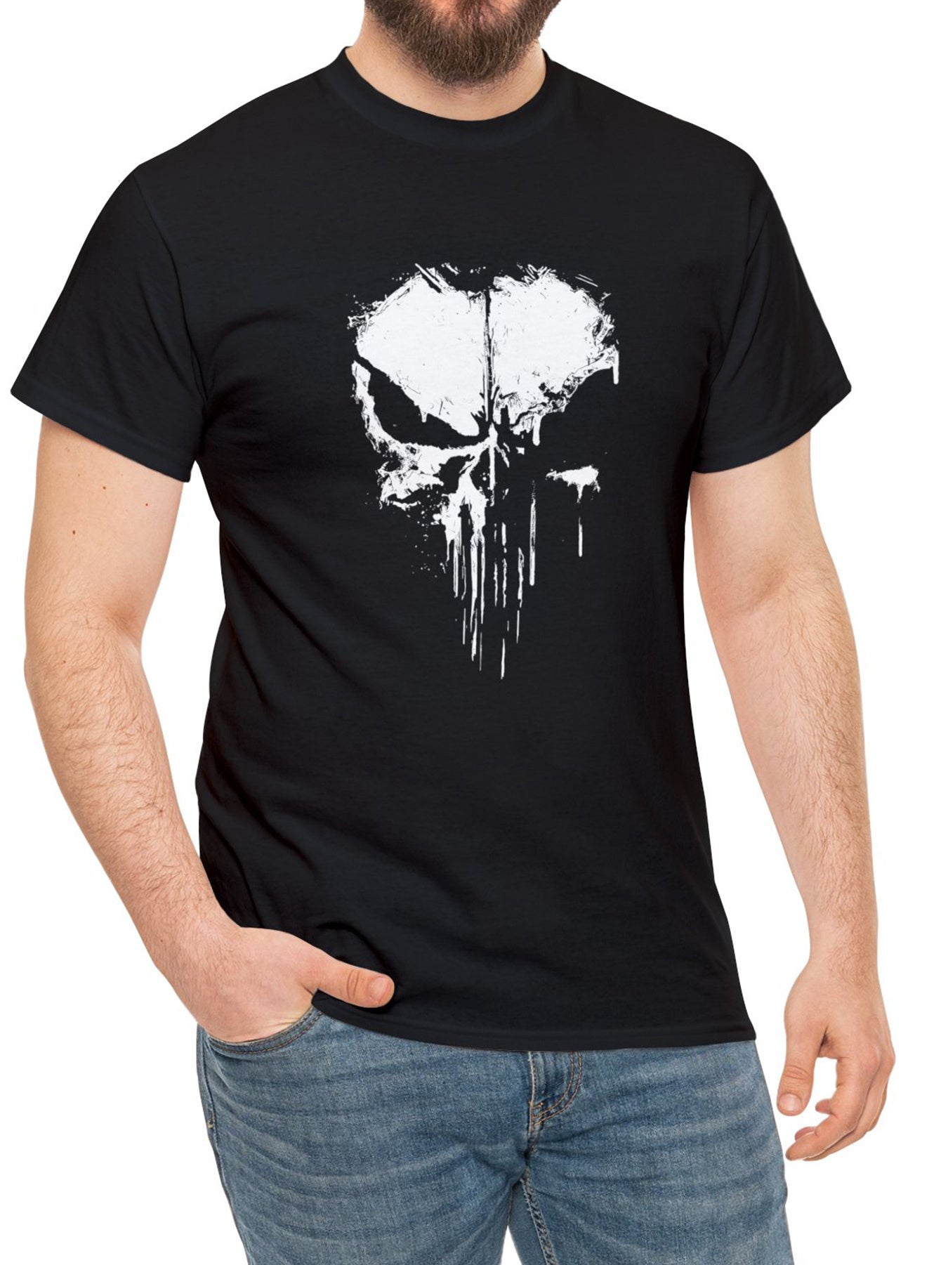 Men's Fashionable Skull Print Sports T-shirt, Summer Casual Elastic Round Neck T-shirt