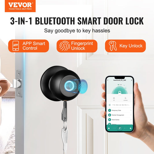 VEVOR Smart Door Knob, Biometric Door Lock Bluetooth Smart Lock, Fingerprint Smart Lock With APP Control,  Lock, For Home Bedrooms, Cloakroom, Hotels, Apartments Offices, Black